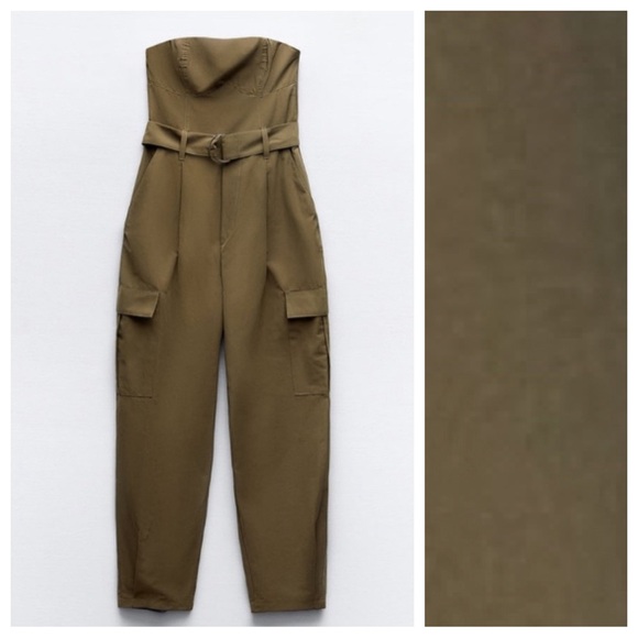 NWT. Zara Khaki Cotton Blend Strapless Cargo Belted Jumpsuit. Size M. - Picture 5 of 11